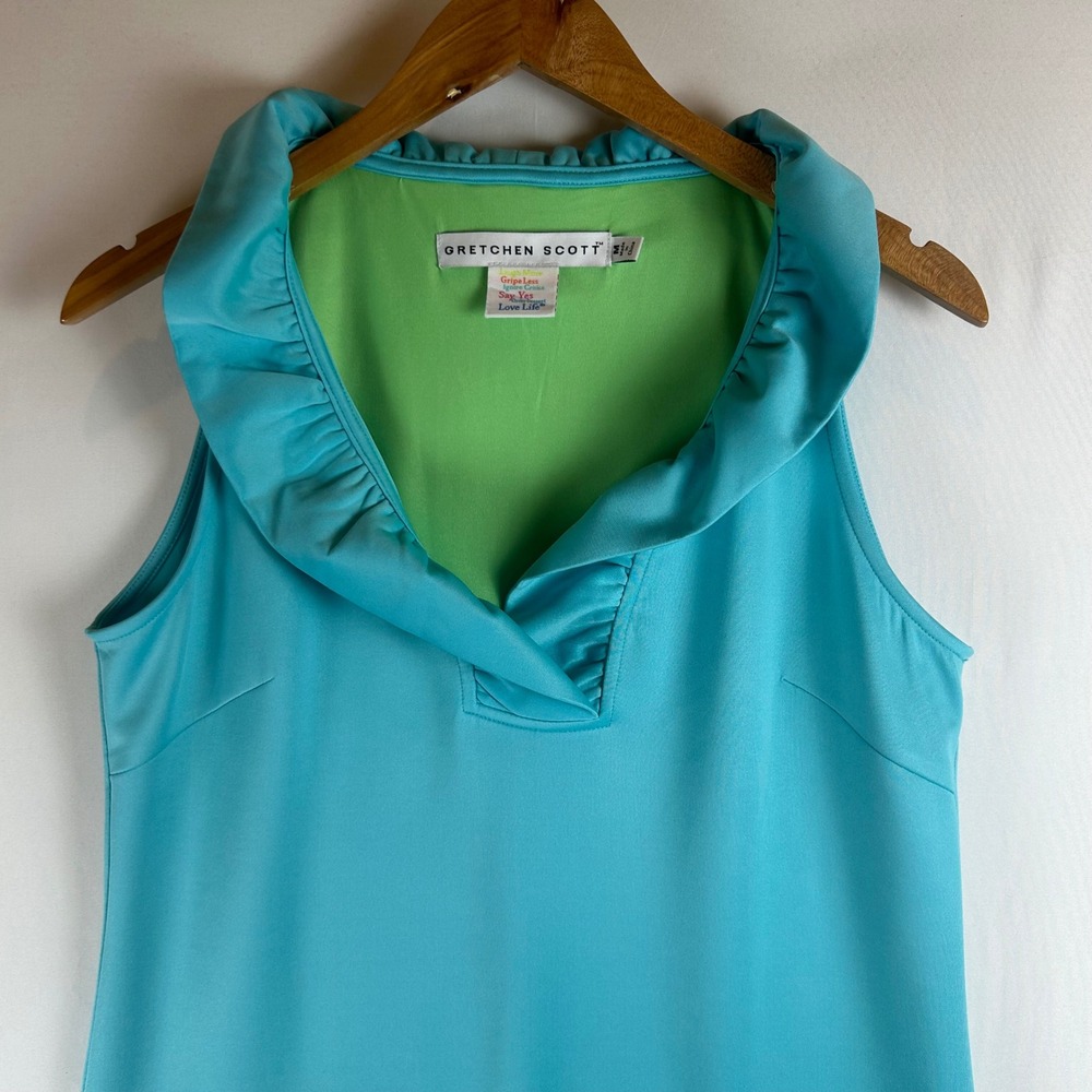 Gretchen Scott Turquoise Blue Ruffle Portrait Collar Shift Dress Womens Medium - Picture 5 of 8